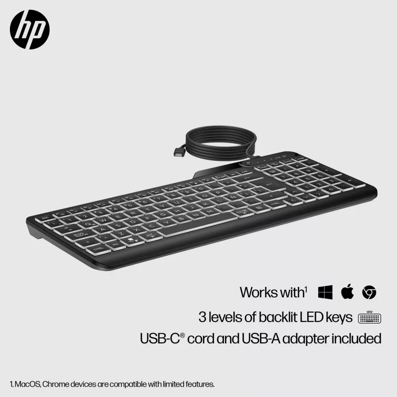HP 405 kelių įrenginių apšviesta laidinė klaviatūra, pilno dydžio (100%), laidinė, USB, membraninė, QWERTY, juoda