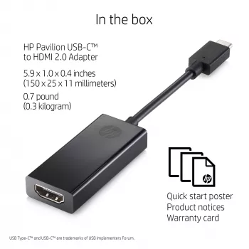 HP USB-C į HDMI 2.0 adapteris, juodas, 111,2 mm × 44,2 mm × 17,1 mm