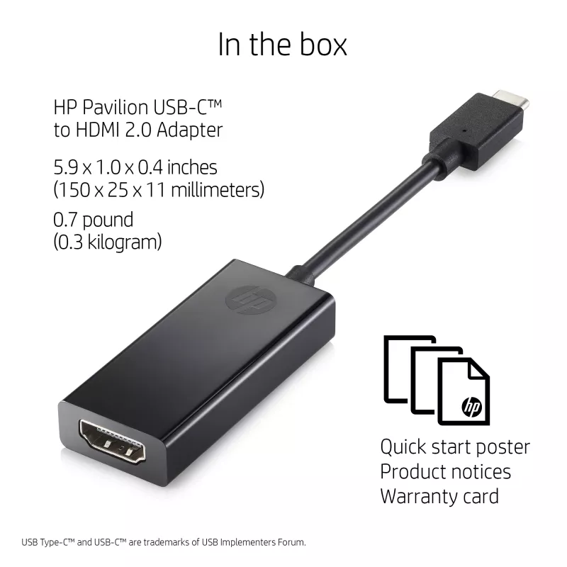 HP 1WC36AA USB-C į HDMI 2.0 adapteris, USB-C kištukas į HDMI lizdą, juodas