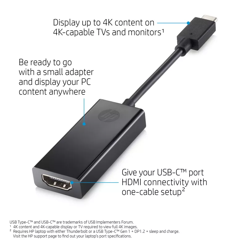 HP 1WC36AA USB-C į HDMI 2.0 adapteris, USB-C kištukas į HDMI lizdą, juodas