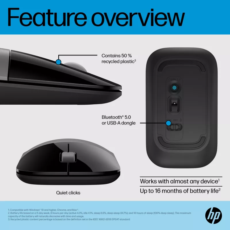 HP Z3700 Dual Silver pelė, ambidekstrinė, RF belaidė + Bluetooth, sidabrinė