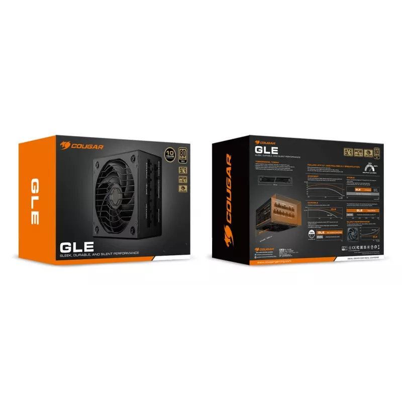 COUGAR GLE 1000W ATX 3.1 kompiuterio maitinimo blokas, 80 PLUS Gold, 100–240 V, 50/60 Hz, 20+4 kontaktų ATX, 135 mm ventiliatorius, juodas