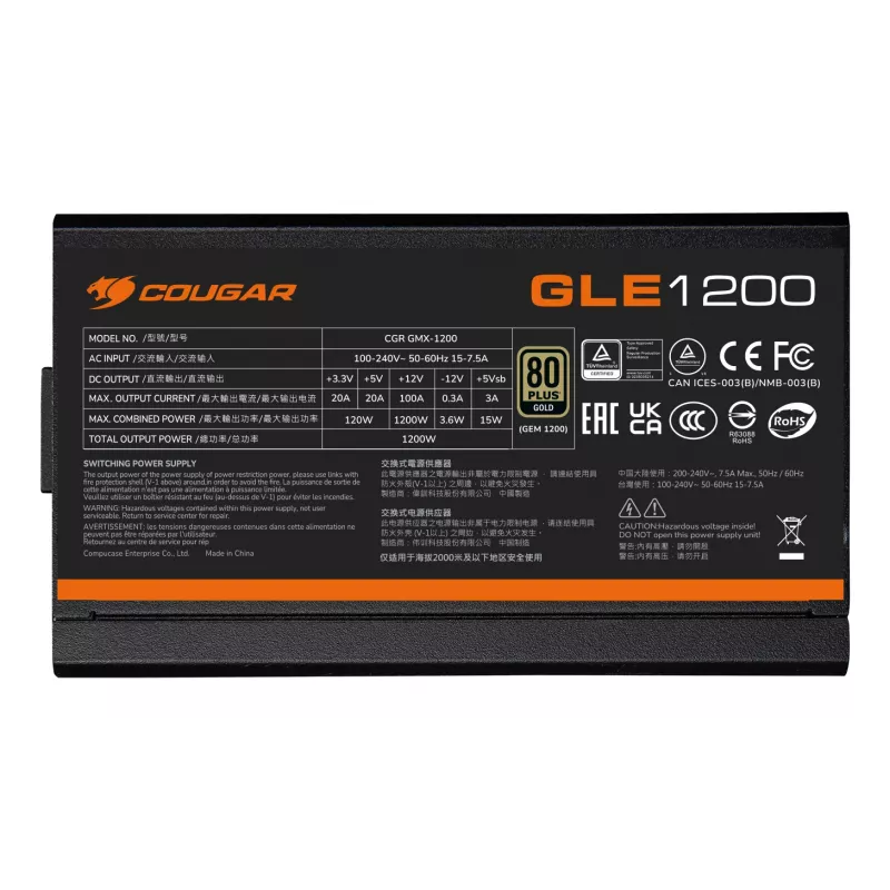 COUGAR GLE 1200W ATX3.1 / 80 Plus Gold maitinimo blokas, 1200 W