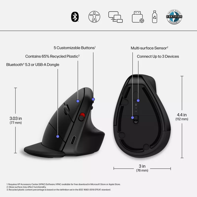 HP 920 ergonominė belaidė pelė, dešinei rankai, vertikali konstrukcija, Bluetooth + USB Type-A, 4000 DPI, juoda