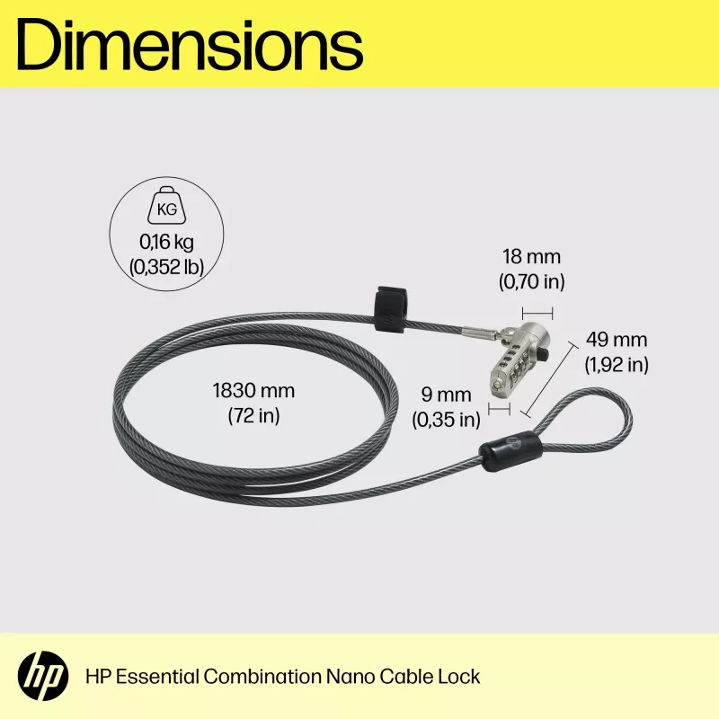 HP Essential Nano kombinacinis kabelio užraktas, 1,83 m, kombinacinis užraktas, nerūdijantis plienas