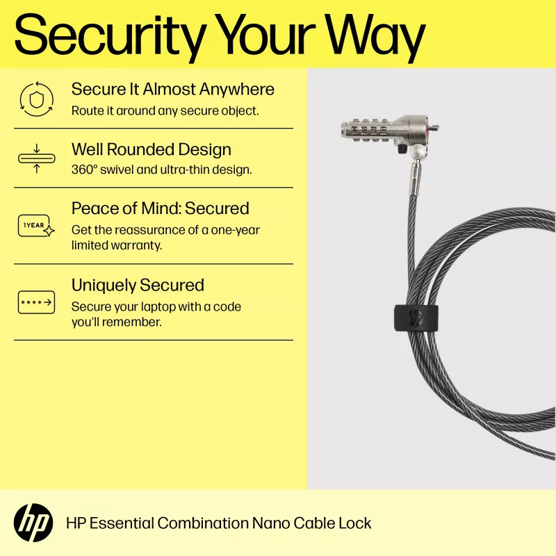 HP Essential Nano kombinacinis kabelio užraktas, 1,83 m, kombinacinis užraktas, nerūdijantis plienas