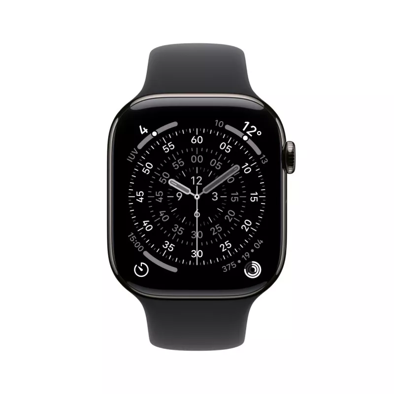 APPLE Watch Series 11 GPS + Cellular 46mm šiferio titano korpusas su juodu sportiniu dirželiu S/M