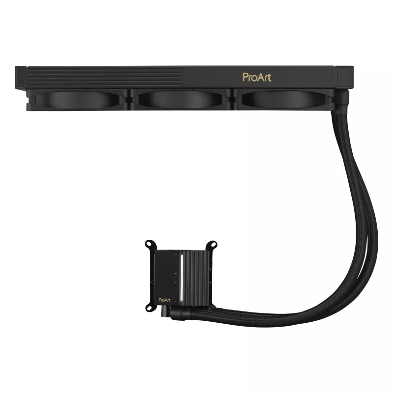 Skysčio aušinimo komplektas ASUS ProArt LC 360 juodas — 3x120 mm ventiliatoriai 800–2200 RPM, radiatorius 360 mm, varinė bazė, 40 cm vamzdeliai