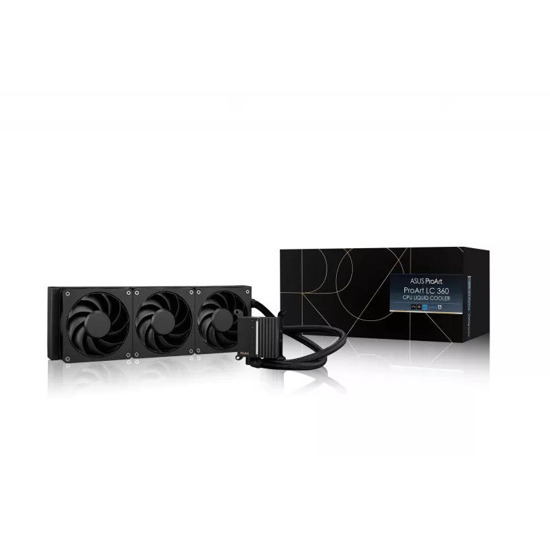 Skysčio aušinimo komplektas ASUS ProArt LC 360 juodas — 3x120 mm ventiliatoriai 800–2200 RPM, radiatorius 360 mm, varinė bazė, 40 cm vamzdeliai