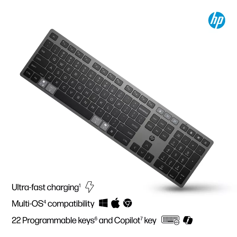 HP 725 belaidė klaviatūra, kelių įrenginių, įkraunama, pilno dydžio (100%), RF belaidis + Bluetooth, juoda