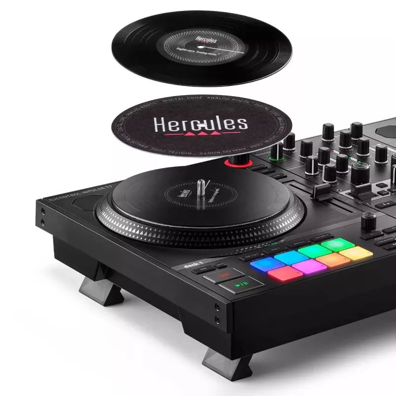 Hercules INPULSE T7 Black DJ valdiklis – 3,5 mm / 6,35 mm ausinėms, USB kabelis, 652×350×90 mm