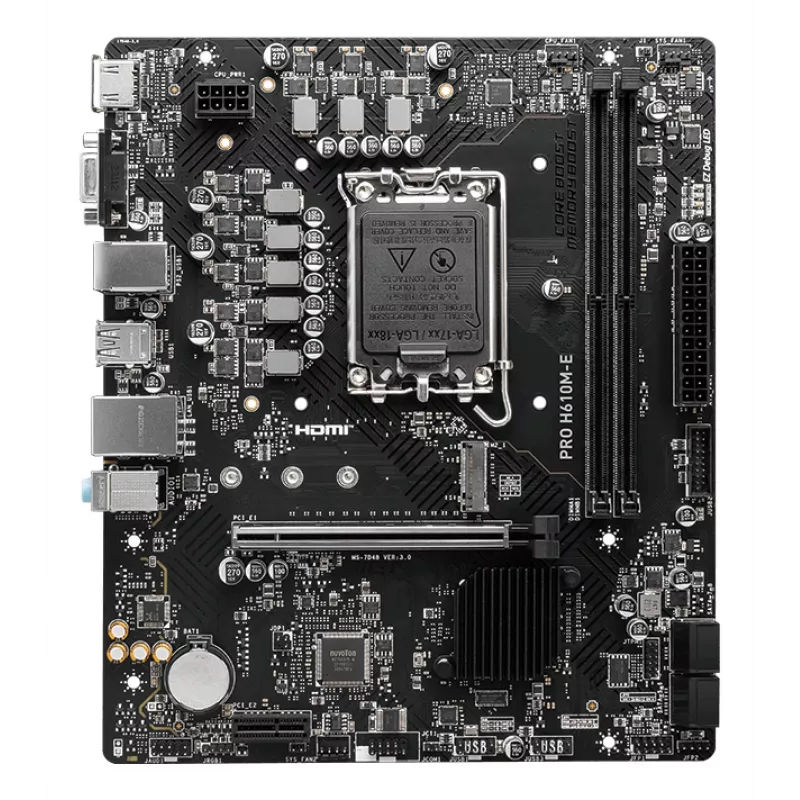 Pagrindinė plokštė MSI PRO H610M-E — Intel H610, LGA 1700, micro ATX, DDR5, 2x DIMM, maks. 96 GB, 2.5Gb LAN, HDMI, 4x SATA III