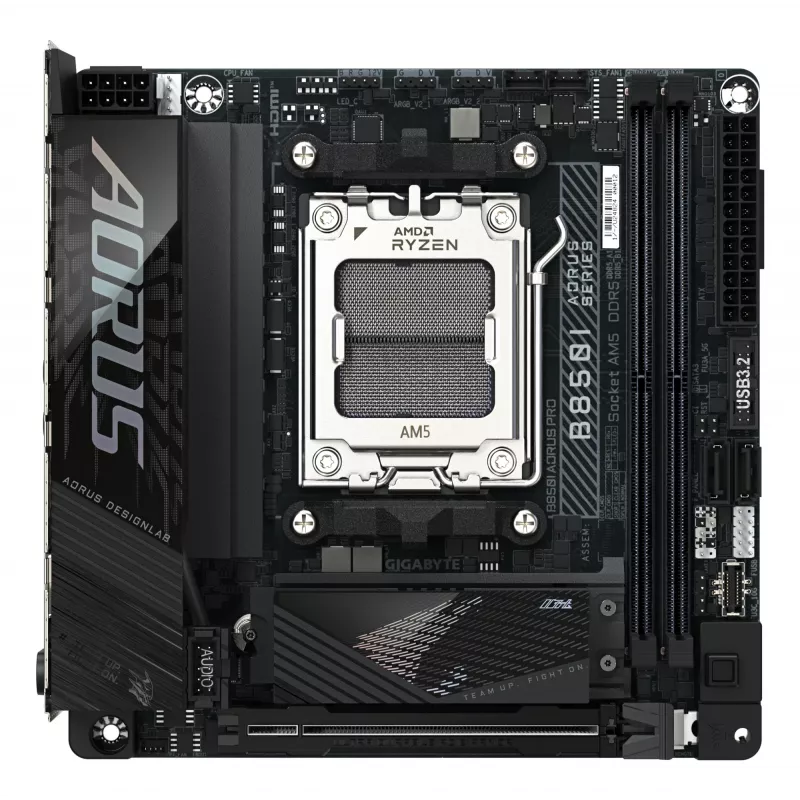 GIGABYTE B850I AORUS PRO pagrindinė plokštė – AMD Ryzen 9000 serijos, 8+2+1 fazių skaitmeninis VRM, iki 8400MHz DDR5 (OC), 1xPCIe 5.0 + 1xPCIe 4.0 M.2, 2.5GbE LAN, Wi-Fi 7, USB 3.2 Gen 2