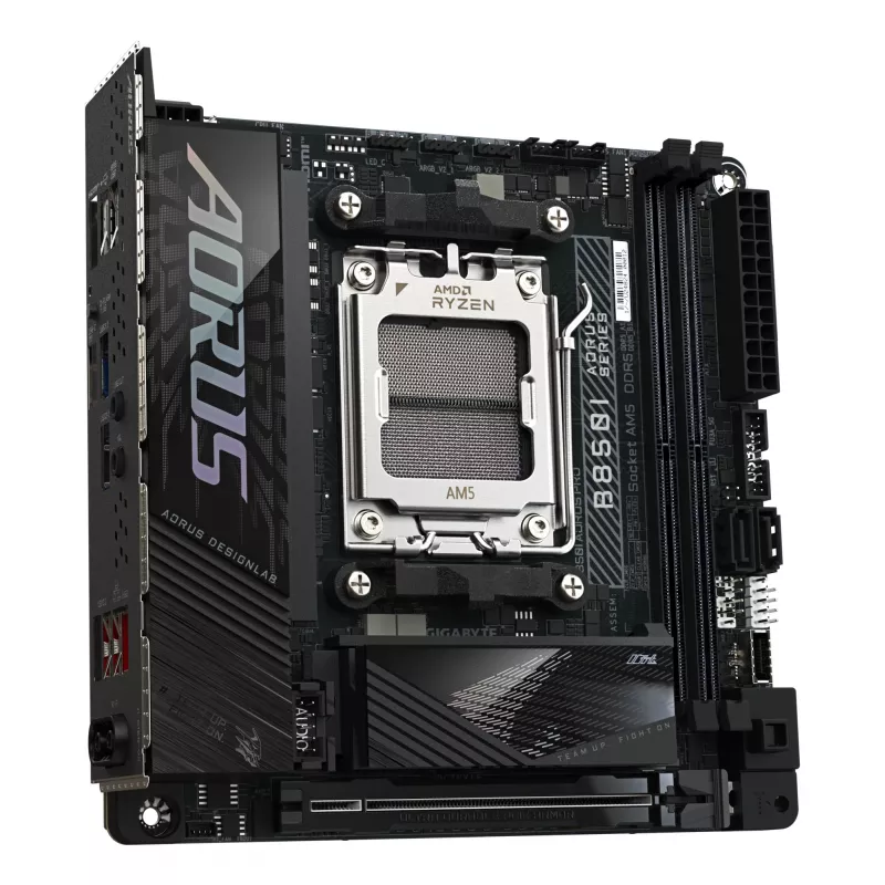 GIGABYTE B850I AORUS PRO pagrindinė plokštė – AMD Ryzen 9000 serijos, 8+2+1 fazių skaitmeninis VRM, iki 8400MHz DDR5 (OC), 1xPCIe 5.0 + 1xPCIe 4.0 M.2, 2.5GbE LAN, Wi-Fi 7, USB 3.2 Gen 2