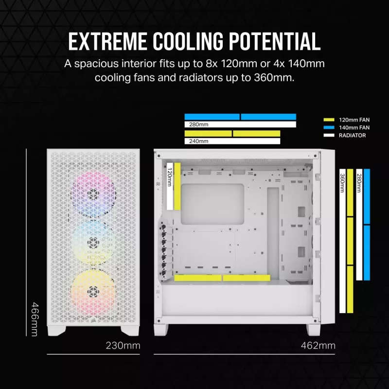 CORSAIR 3000D RGB Airflow vidutinis bokštinis kompiuterio korpusas – baltas