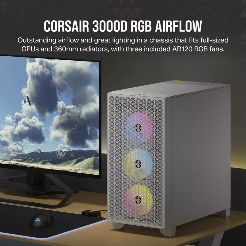 CORSAIR 3000D RGB Airflow vidutinis bokštinis kompiuterio korpusas – baltas