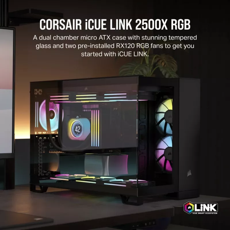 CORSAIR PC korpusas - Icue Link 2500X RGB Micro ATX dviejų kamerų juodas