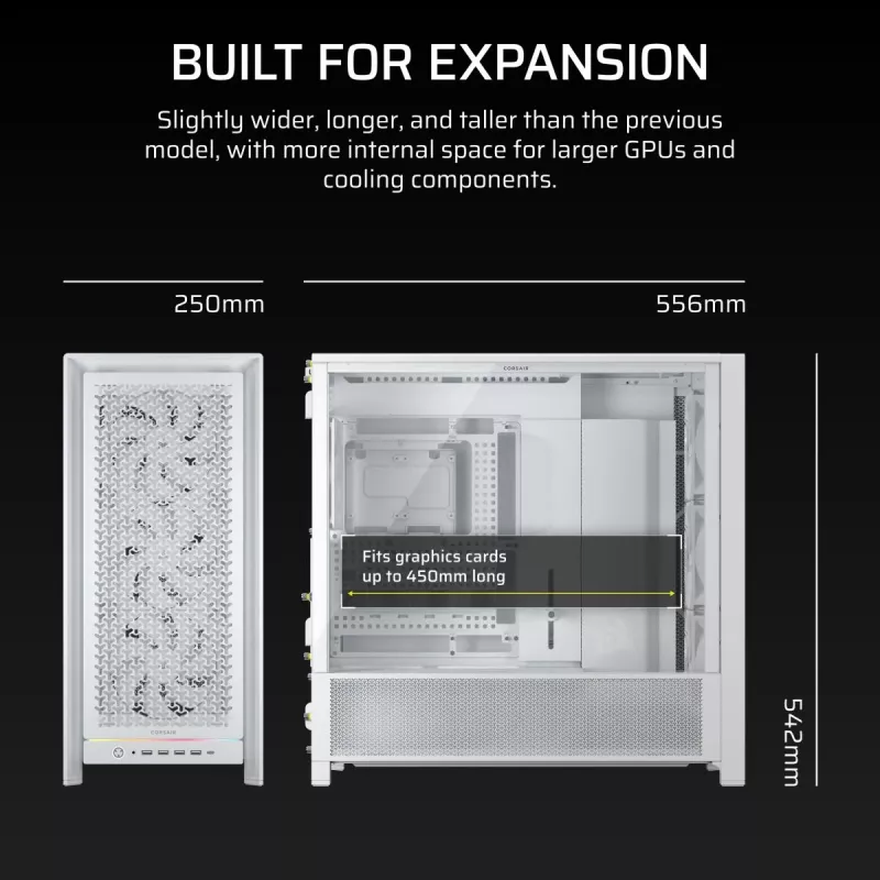 CORSAIR FRAME 5000D baltas vidutinio bokšto kompiuterio korpusas su dideliu oro srautu