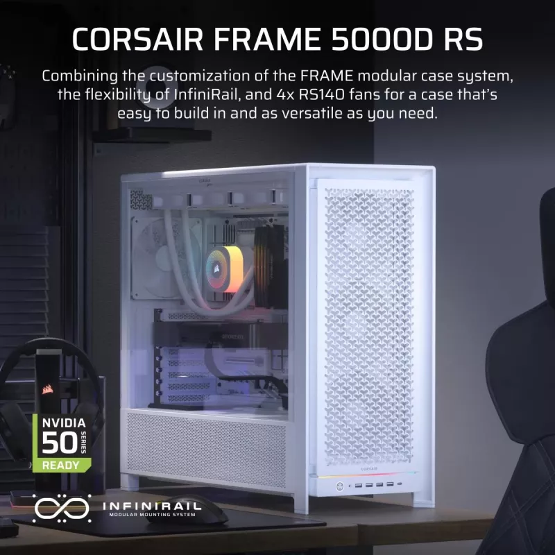 CORSAIR FRAME 5000D baltas vidutinio bokšto kompiuterio korpusas su dideliu oro srautu
