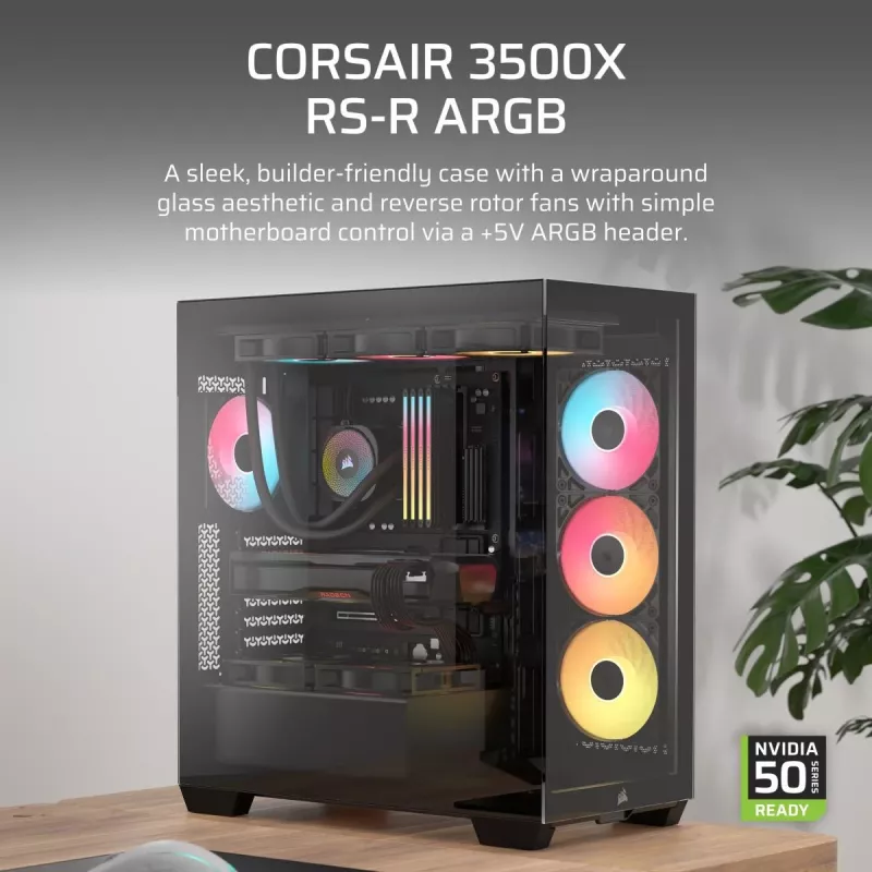 Korpusas CORSAIR 3500X RS-R ARGB – Juodas, grūdintas stiklas, ATX/EATX/Micro-ITX, 3×120 mm priekiniai ventiliatoriai