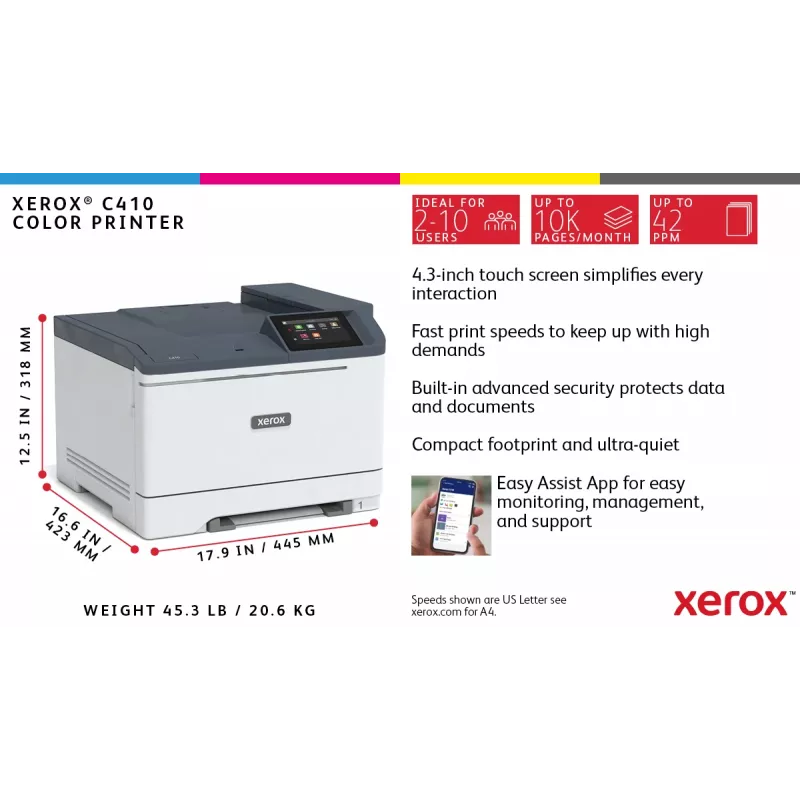 Xerox C410 A4 spalvotas spausdintuvas, 40 ppm, automatinis dvipusis spausdinimas, PS3, PCL5e/6, 2 padėklai, 251 lapas