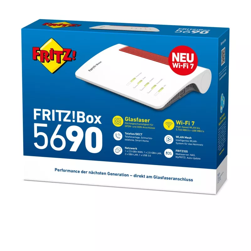FRITZ!Box 5690 belaidis maršrutizatorius, 2.5 Gigabit Ethernet, dviejų juostų (2,4 GHz / 5 GHz), raudonas, baltas