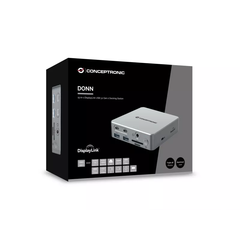 Docking stotelė Conceptronic DONN25G 15-in-1 USB 3.2 Gen 2 DisplayLink, 4K@60Hz, 100W PD