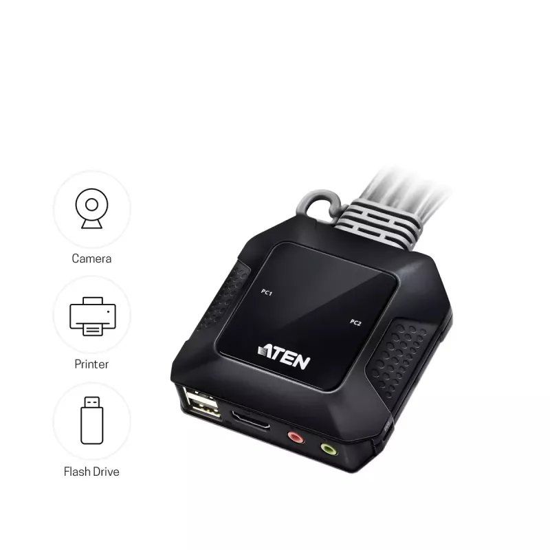 ATEN CS22H 2-portų USB 4K HDMI KVM jungiklis su nuotoliniu prievado parinkikliu