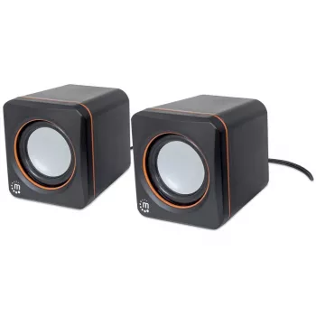 Manhattan 2600 Series garsiakalbių sistema, mažas dydis, didelis garsas, du garsiakalbiai, stereo, USB maitinimas, išėjimas: 2x 3W, 3,5 mm lizdas garsui, įmontuotas garsumo valdymas, kabelis 0,9 m, juoda, trejų metų garantija