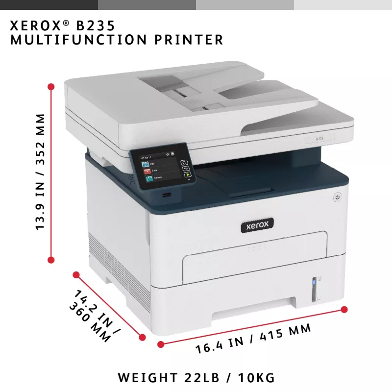 Xerox B235 daugiafunkcis spausdintuvas A4, 34 ppm, belaidis, dvipusis, kopijavimas/spausdinimas/nuskaitymas/faksas, PS3, PCL5e/6, ADF, 2 padėklai, 251 lapas