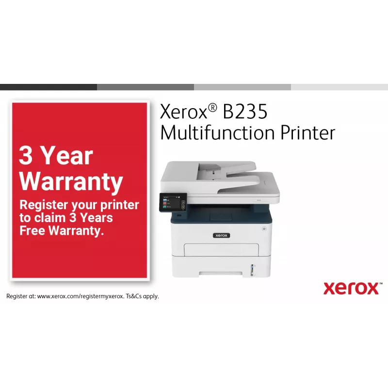 Xerox B235 daugiafunkcis spausdintuvas A4, 34 ppm, belaidis, dvipusis, kopijavimas/spausdinimas/nuskaitymas/faksas, PS3, PCL5e/6, ADF, 2 padėklai, 251 lapas
