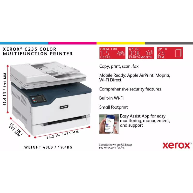Xerox C235 spalvotas daugiafunkcis įrenginys A4, 22 ppm, belaidis, spausdinimas/kopijavimas/nuskaitymas/faksas, PS3, PCL5e/6, ADF, 2 padėklai, 251 lapas