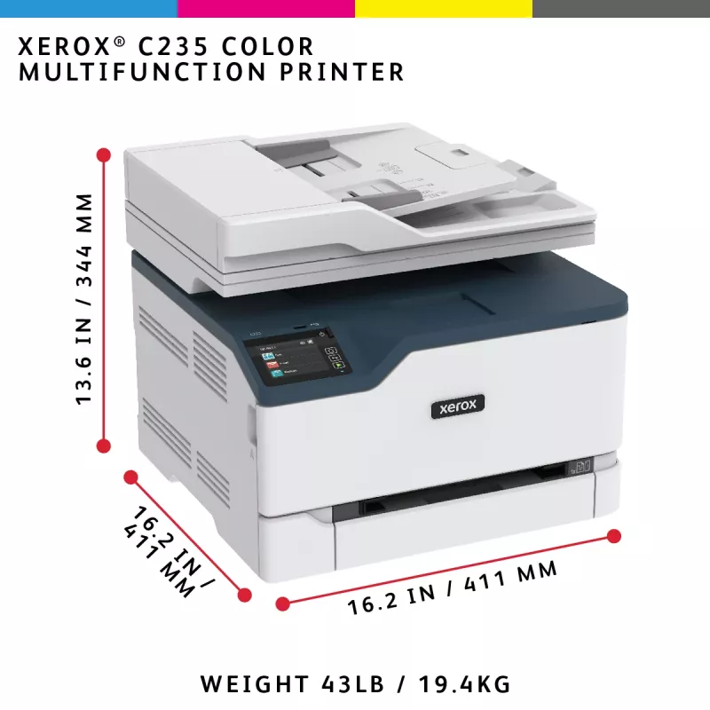 Xerox C235 spalvotas daugiafunkcis įrenginys A4, 22 ppm, belaidis, spausdinimas/kopijavimas/nuskaitymas/faksas, PS3, PCL5e/6, ADF, 2 padėklai, 251 lapas