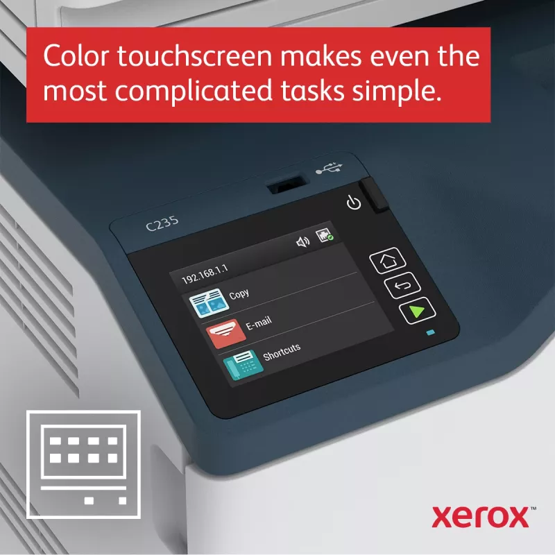 Xerox C235 spalvotas daugiafunkcis įrenginys A4, 22 ppm, belaidis, spausdinimas/kopijavimas/nuskaitymas/faksas, PS3, PCL5e/6, ADF, 2 padėklai, 251 lapas