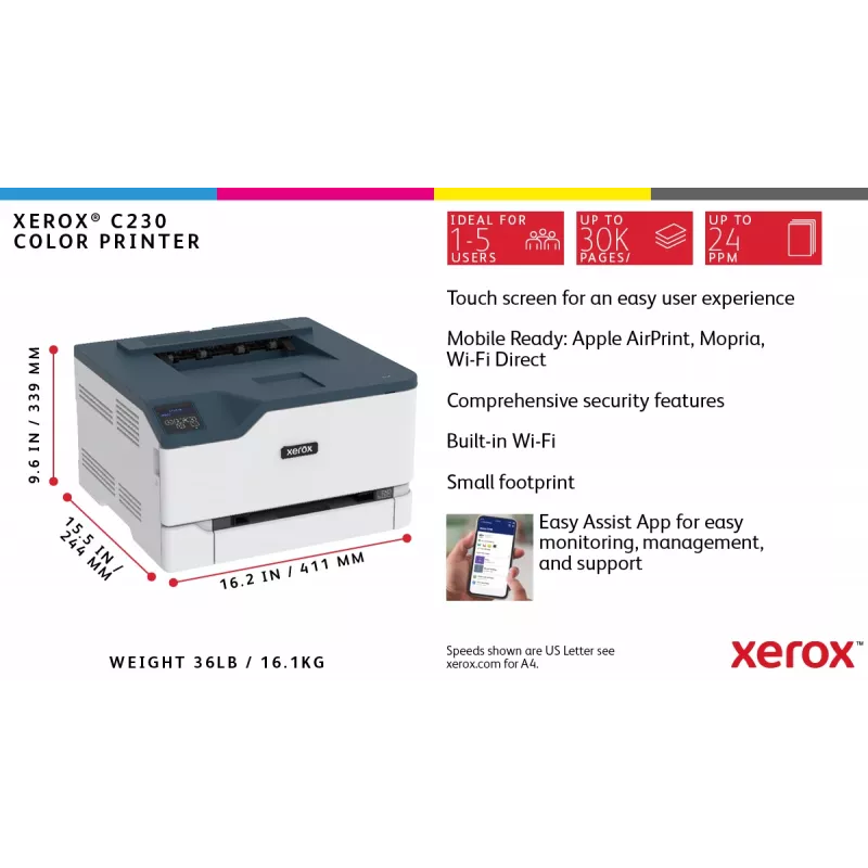 Xerox C230 A4 22ppm belaidis spausdintuvas su dvipusiu spausdinimu, PS3, PCL5e/6, 2 padėklai, iš viso 251 lapas