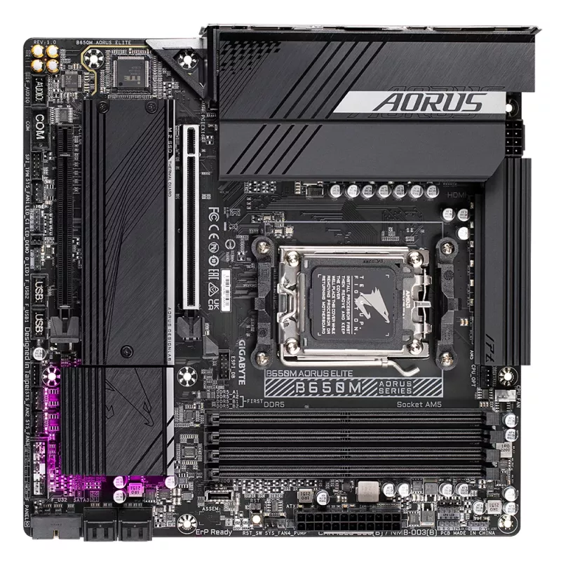 GIGABYTE B650M AORUS ELITE pagrindinė plokštė - AMD Ryzen 9000 procesoriams, 12+2+2 fazių VRM, iki 8000MHz DDR5, 1xPCIe 5.0 + 1xPCIe 4.0 M.2, 2.5GbE LAN, USB 3.2 Gen 2x2
