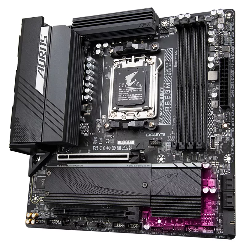 GIGABYTE B650M AORUS ELITE pagrindinė plokštė - AMD Ryzen 9000 procesoriams, 12+2+2 fazių VRM, iki 8000MHz DDR5, 1xPCIe 5.0 + 1xPCIe 4.0 M.2, 2.5GbE LAN, USB 3.2 Gen 2x2