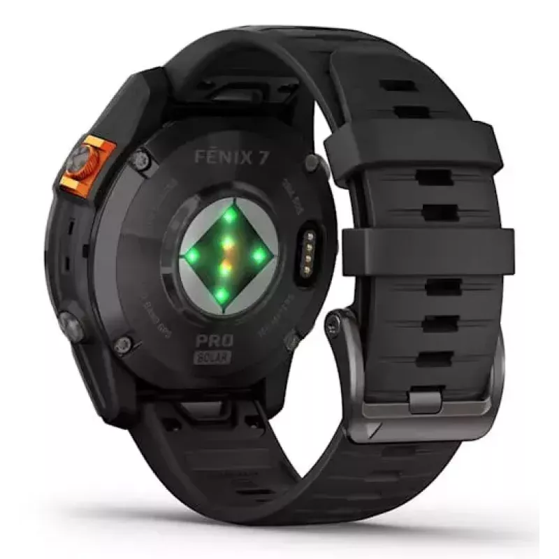 Išmanusis laikrodis GARMIN fēnix 7 Pro Solar Edition — 47 mm korpusas, 1,3 colio MIP jutiklinis ekranas, 32 GB, GPS, Wi‑Fi, Bluetooth, juodas silikoninis dirželis