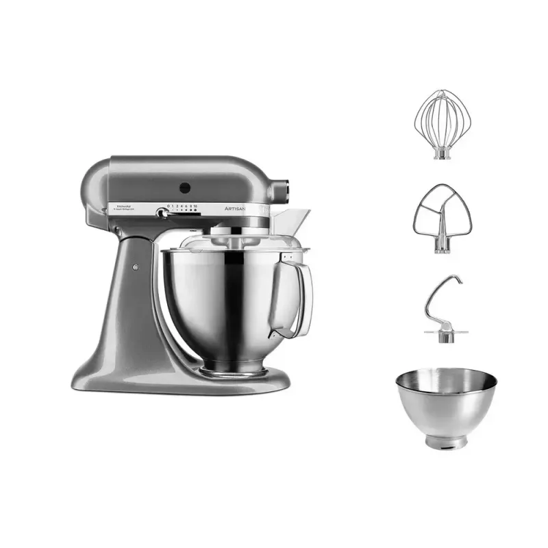 Stacionarus maišytuvas KITCHENAID ARTISAN 5KSM185PS — 300 W, 4,8 l nerūdijančio plieno dubuo, 10 greičių, sidabrinis