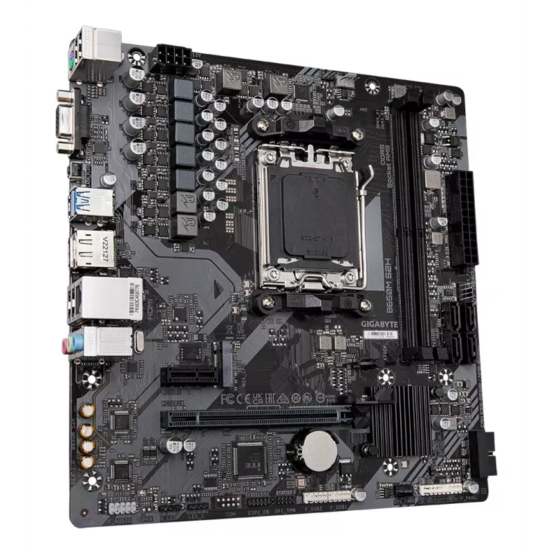 GIGABYTE B650M S2H pagrindinė plokštė – AMD Ryzen 9000 serijos procesoriams, 5+2+2 VRM fazės, DDR5 iki 6400 MHz (OC), 1xPCIe 4.0 M.2, GbE LAN, USB 3.2 Gen 1