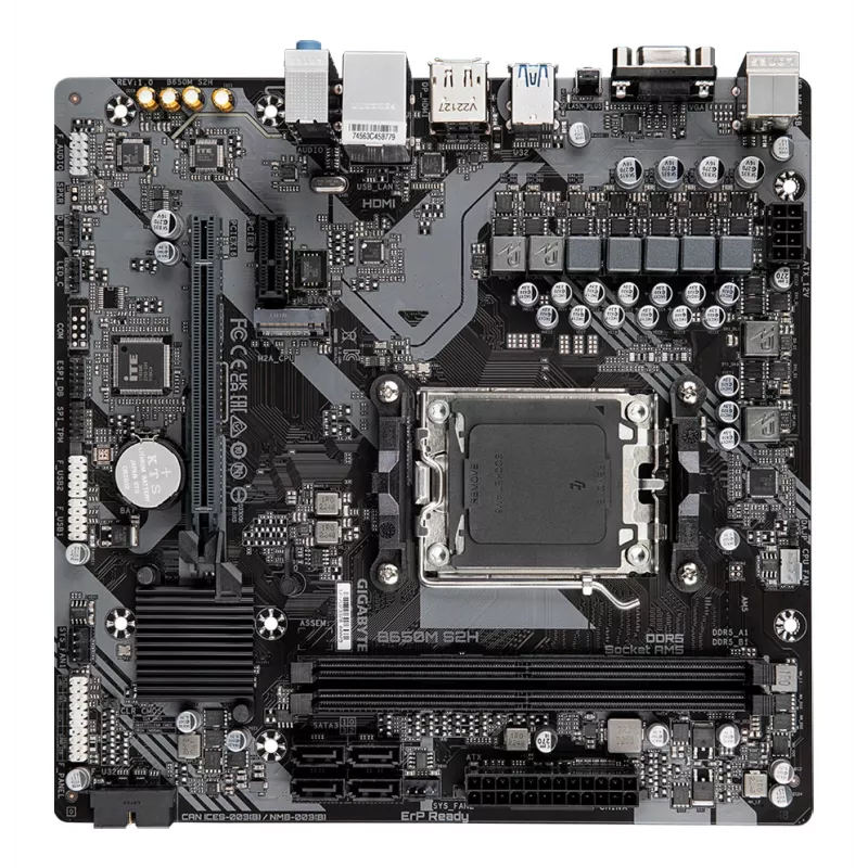GIGABYTE B650M S2H pagrindinė plokštė – AMD Ryzen 9000 serijos procesoriams, 5+2+2 VRM fazės, DDR5 iki 6400 MHz (OC), 1xPCIe 4.0 M.2, GbE LAN, USB 3.2 Gen 1