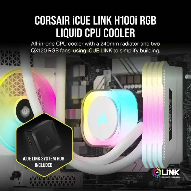 CORSAIR CPU aušintuvas - Icue Link H100I RGB AIO skystinis aušintuvas - Baltas
