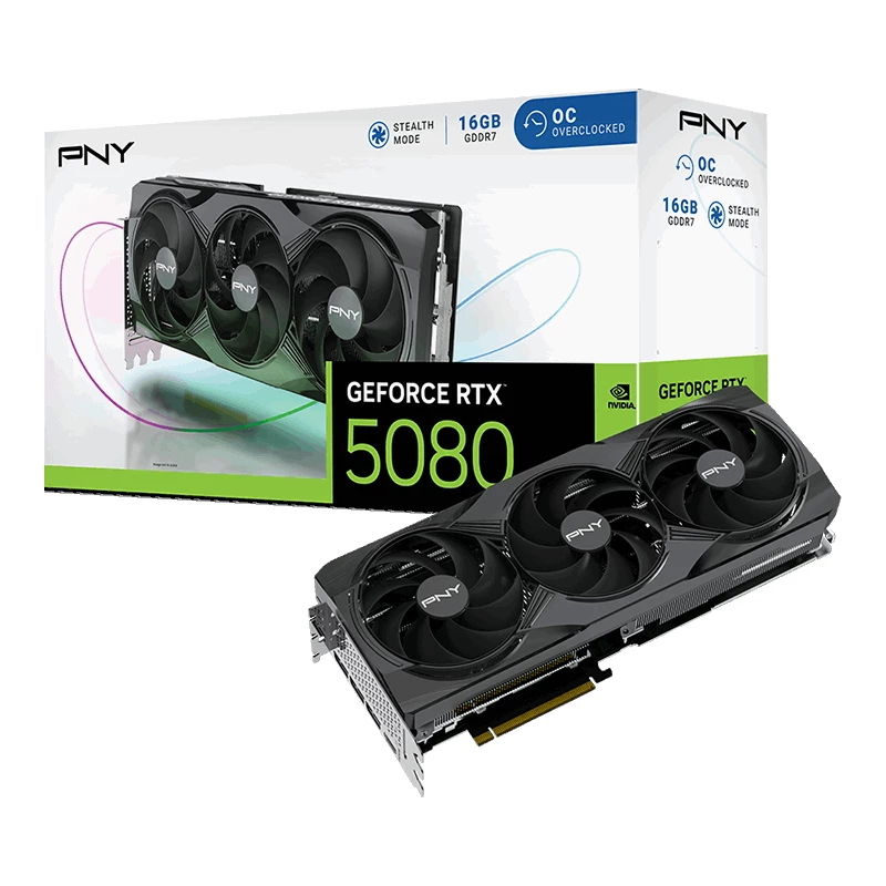 PNY GeForce RTX 5080 16GB Overclocked Triple Fan – 16 GB GDDR7 – DisplayPort 2.1b / HDMI 2.1b