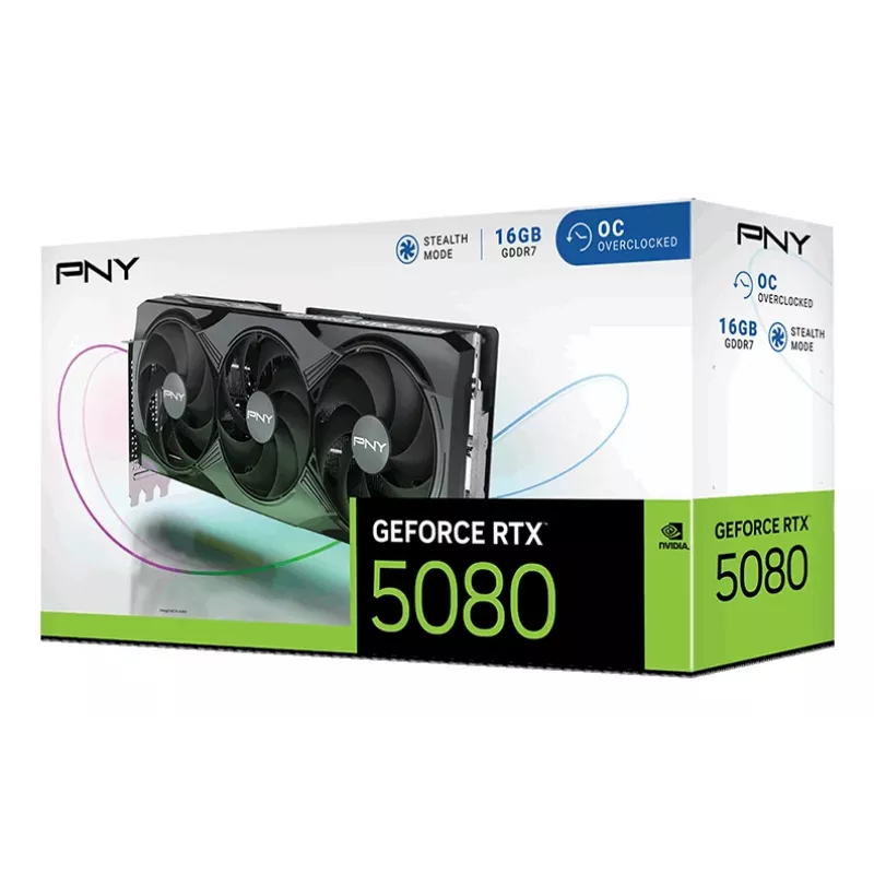 PNY GeForce RTX 5080 16GB Overclocked Triple Fan – 16 GB GDDR7 – DisplayPort 2.1b / HDMI 2.1b