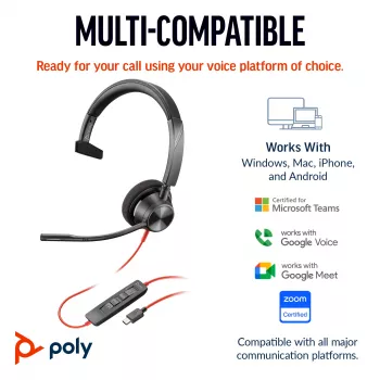 HP Poly Blackwire 3310 Monaural USB-C ausinės su USB-C/A adapteriu