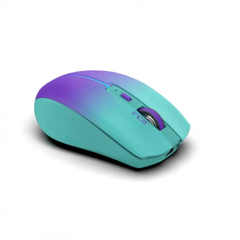 INCA IWM-511RM belaidė pelė – RF + Bluetooth + USB Type-C, 1600 DPI, 6 mygtukai, žalia-violetinė