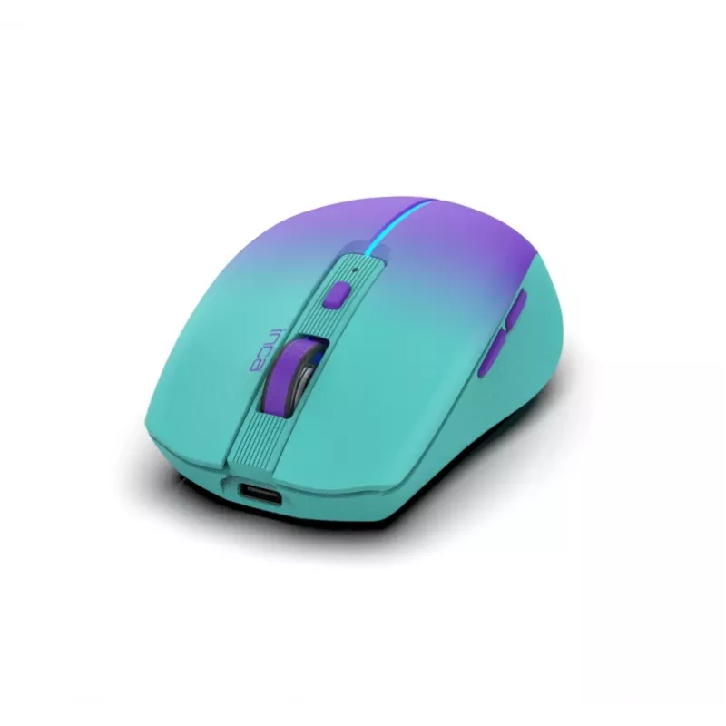 INCA IWM-511RM belaidė pelė – RF + Bluetooth + USB Type-C, 1600 DPI, 6 mygtukai, žalia-violetinė