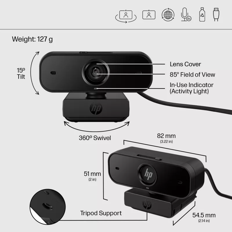 HP 435 FHD Webcam, 2 MP, 1920 x 1080 pikselių, Full HD, 30 kadrų per sekundę, automatinis fokusavimas, privatumo užsklanda, USB-A