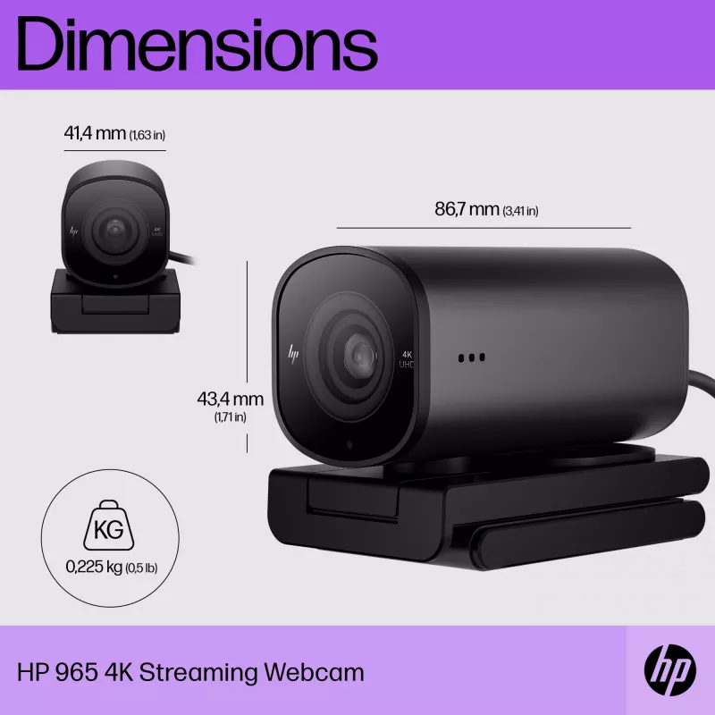 HP 965 4K srautinė internetinė kamera, 8 MP, 3840 x 2160 pikselių, Full HD, 60 kadrų/s, 1280x720@30fps, 1280x720@60fps, 1920x1080@30fps, 1920x1080@60fps, 3840x2160@30fps, USB