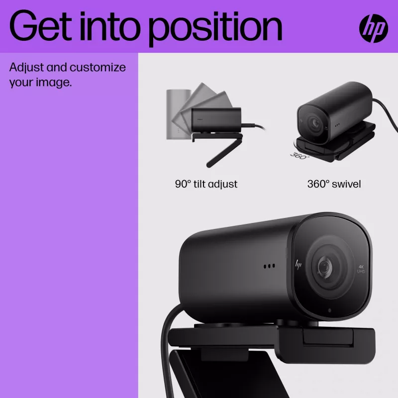 HP 965 4K srautinė internetinė kamera, 8 MP, 3840 x 2160 pikselių, Full HD, 60 kadrų/s, 1280x720@30fps, 1280x720@60fps, 1920x1080@30fps, 1920x1080@60fps, 3840x2160@30fps, USB
